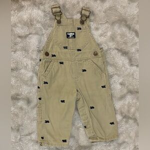 OshKosh B'gosh Tan/Khaki Overalls with Navy Embroidered Train Motifs